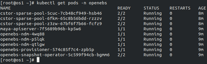 List of all pods in openebs namespace after installation